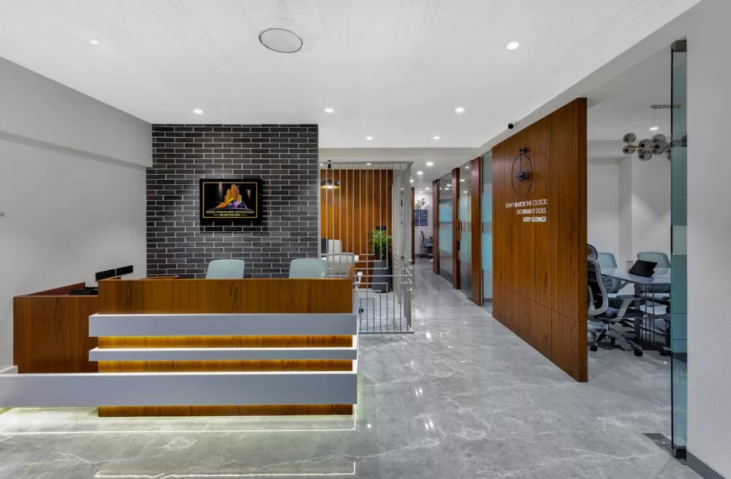 Corporate Reception Counter – Walnut Wood with LED Stripes & Grey Accent | SRK Modular Furniture Co.