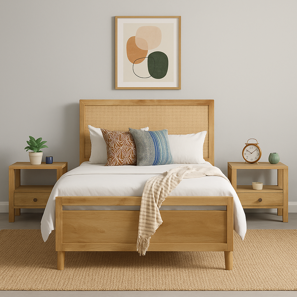 Sereno Solid Wood Bed with Cane Headboard & Matching Side Tables