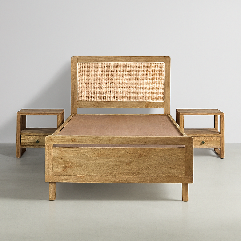 Sereno Solid Wood Bed with Cane Headboard & Matching Side Tables