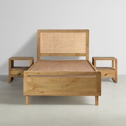 Sereno Solid Wood Bed with Cane Headboard & Matching Side Tables