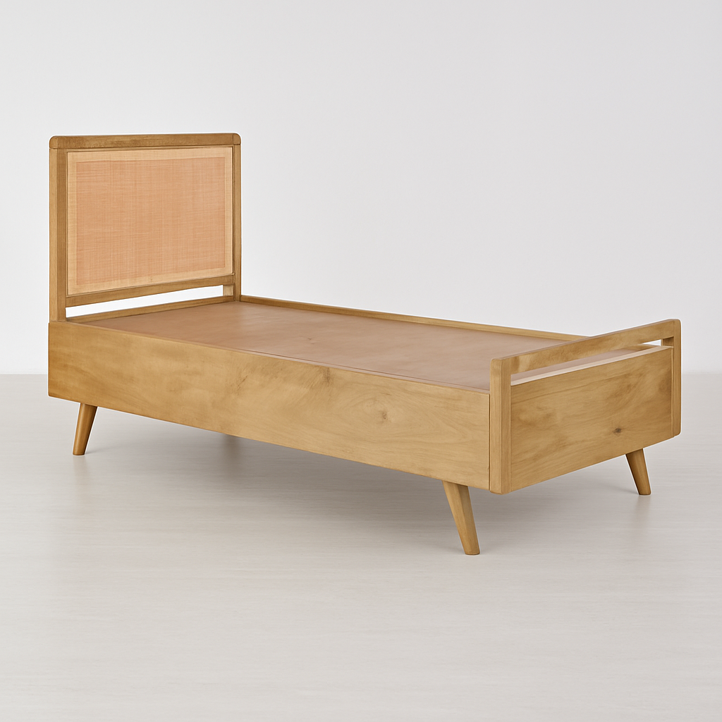 Sereno Solid Wood Bed with Cane Headboard & Matching Side Tables