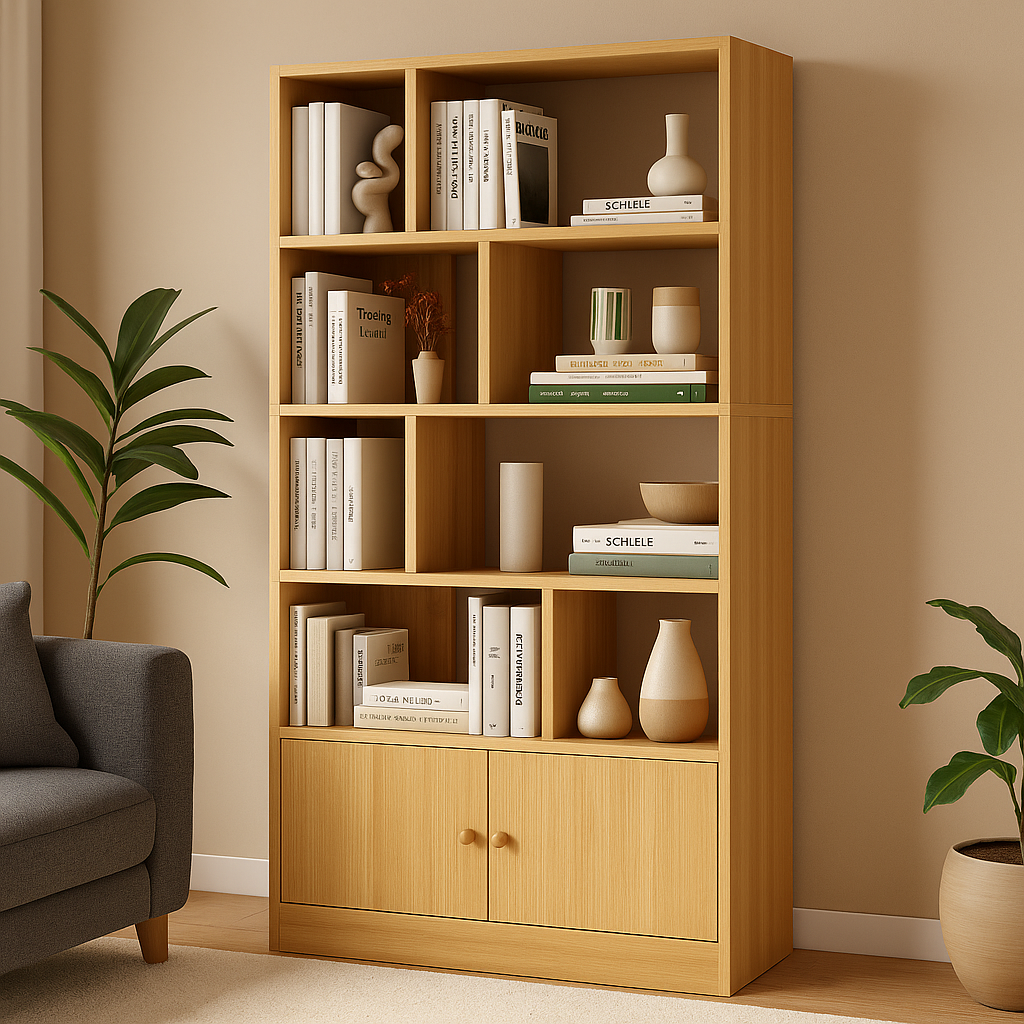Solid Wood Bookshelf with Storage Cabinet | Modern Open Display Rack | Theom Living