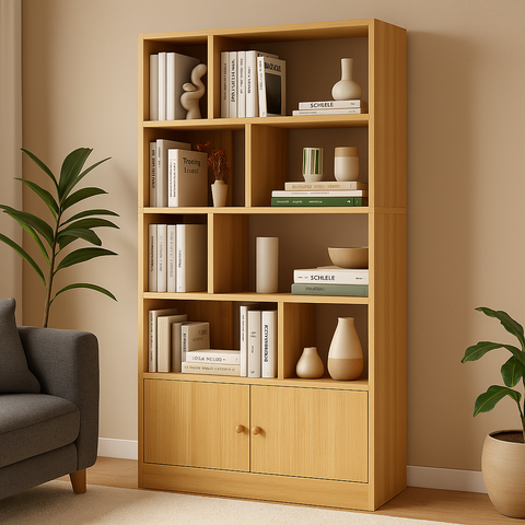 Solid Wood Bookshelf with Storage Cabinet | Modern Open Display Rack | Theom Living