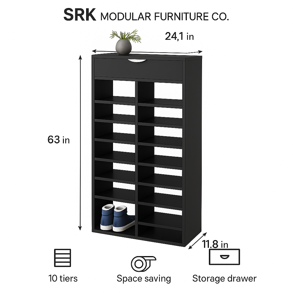 Modern 12-Tier Wooden Shoe Rack with Drawer | Space-Saving Organizer | Theom Living