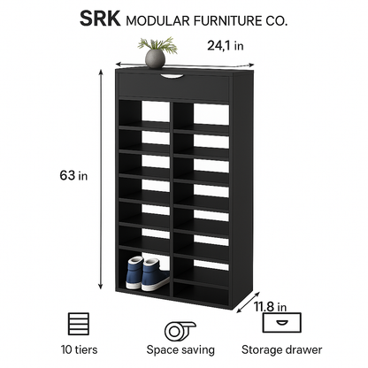 Modern 12-Tier Wooden Shoe Rack with Drawer | Space-Saving Organizer | Theom Living