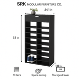 Modern 12-Tier Wooden Shoe Rack with Drawer | Space-Saving Organizer | Theom Living