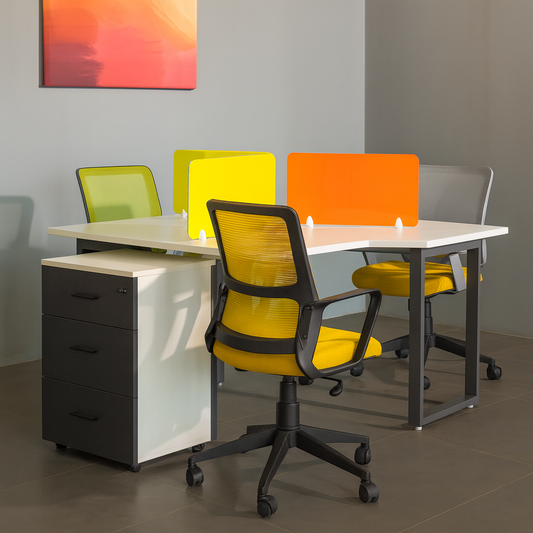 4-Seater Modular Workstation with Vibrant Mesh Chairs & Privacy Panels – SRK Modular Furniture Co.