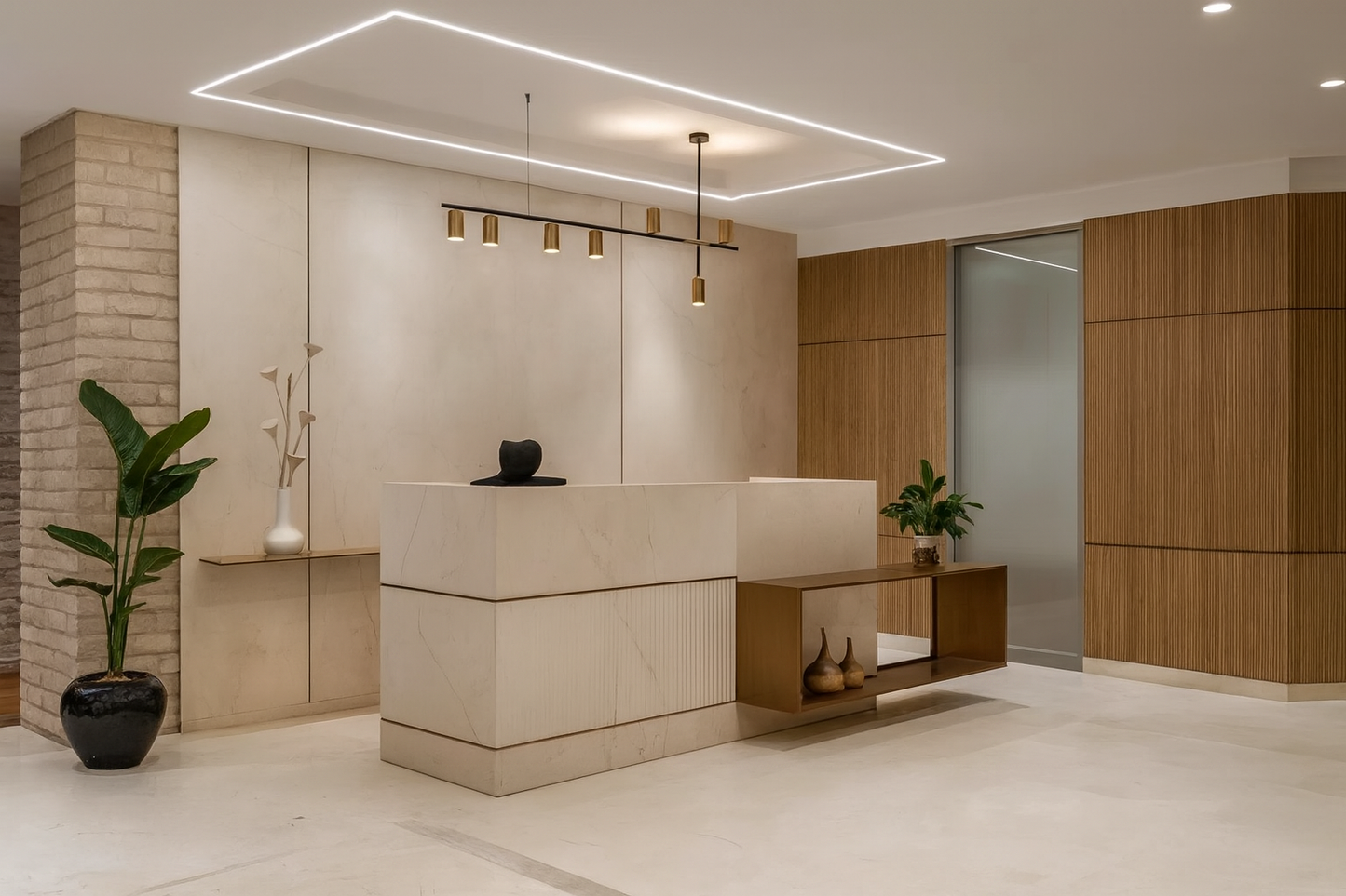 Luxury Reception Counter – Cream Marble Finish with Brass Detailing | SRK Modular Furniture Co.