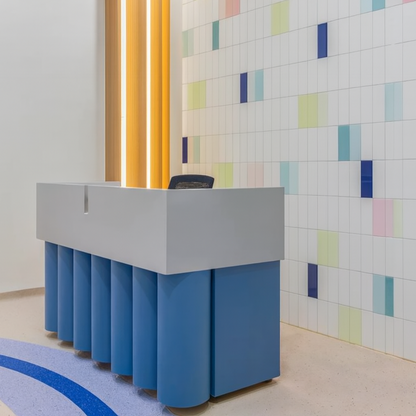 Contemporary Reception Counter – Dual Tone White & Blue with Curved Front Design | SRK Modular Furniture Co.