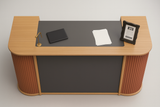 Curved Fluted Reception Counter – Teak Wood & Charcoal Finish | SRK Modular Furniture Co.
