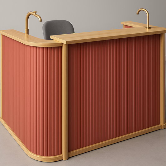 Curved Fluted Reception Counter – Teak Wood & Charcoal Finish | SRK Modular Furniture Co.
