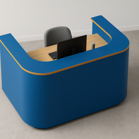 Bold Blue Curved Reception Counter – Modern Acrylic Finish | SRK Modular Furniture Co.