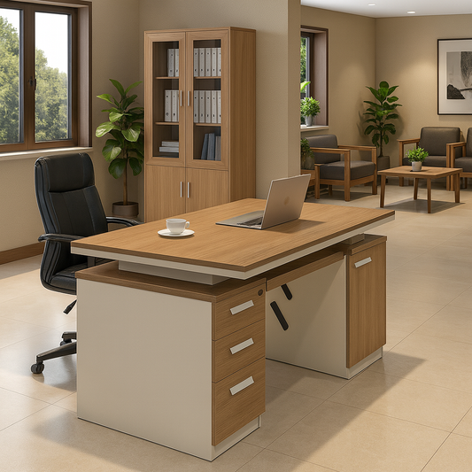 Executive Office Desk – Dual Tone White & Oak Finish with Drawer Cabinets | SRK Modular Furniture Co.