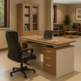 Executive Office Desk – Dual Tone White & Oak Finish with Drawer Cabinets | SRK Modular Furniture Co.