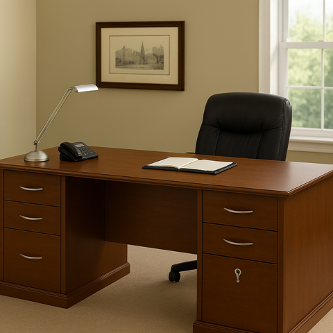 Classic Executive Wooden Office Desk – Mahogany Finish with Drawer Storage | SRK Modular Furniture Co.