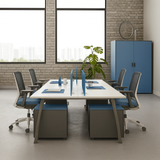 6-Seater Modular Office Workstation – White, Grey & Blue Fabric Panels | SRK Modular Furniture Co.