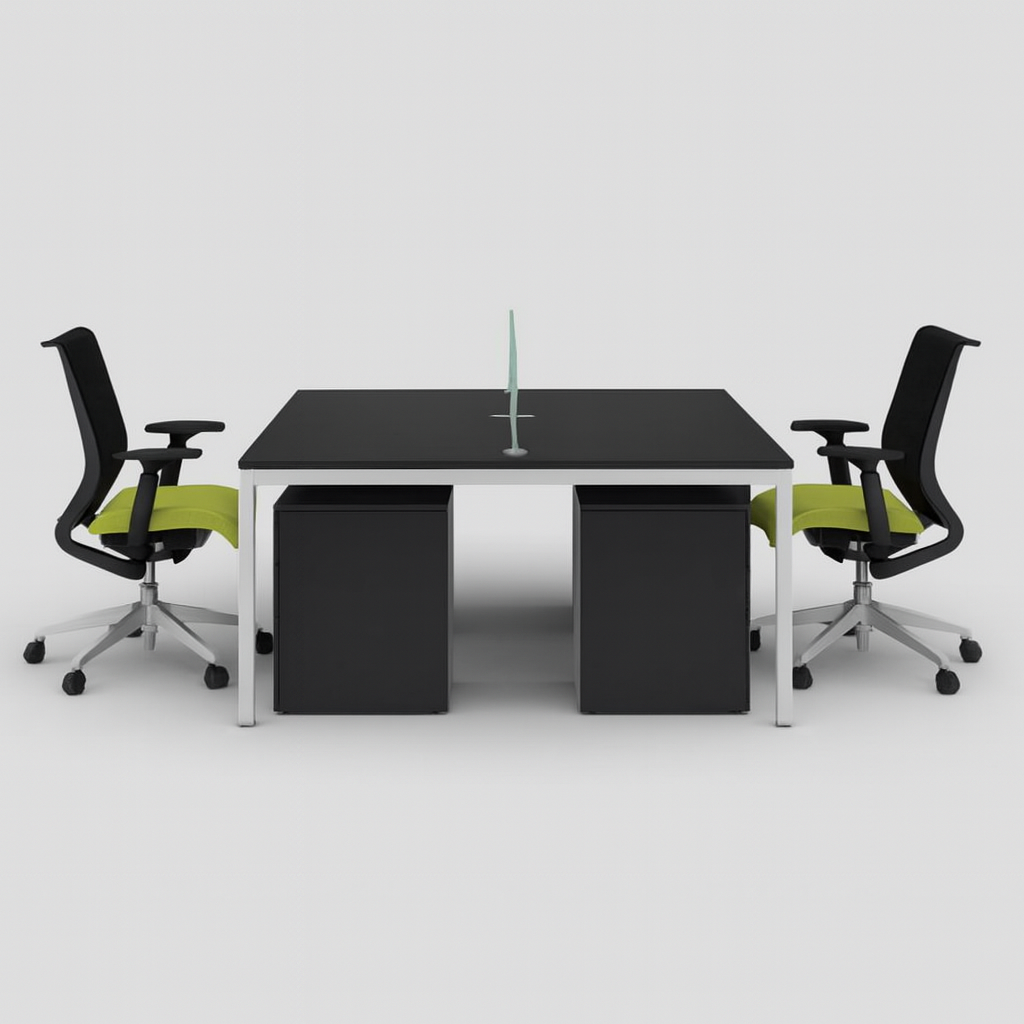 4-Seater Linear Modular Workstation – Black & Silver Frame with Frosted Glass Partition | SRK Modular Furniture Co.