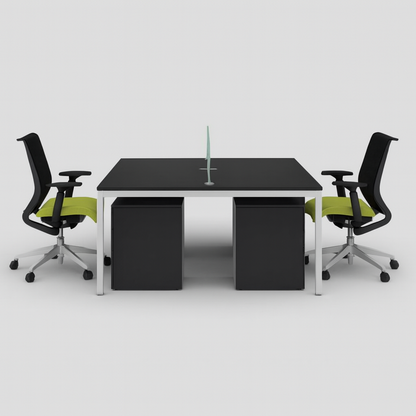 4-Seater Linear Modular Workstation – Black & Silver Frame with Frosted Glass Partition | SRK Modular Furniture Co.