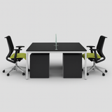 4-Seater Linear Modular Workstation – Black & Silver Frame with Frosted Glass Partition | SRK Modular Furniture Co.