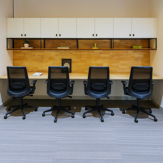 The Vertex Quad Modular Workstation | 4-Seater Office Desk with Overhead Cabinets & Chairs