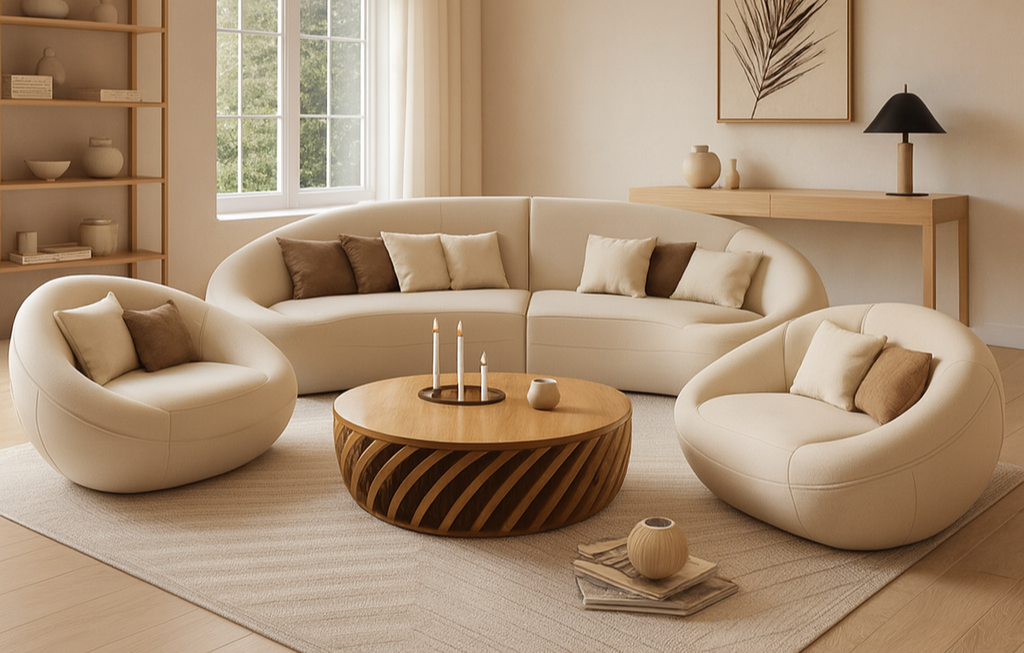 The “Lunara Curve” Sofa Set | Modern Round Lounge Sofa & Armchair Collection in Cream Beige