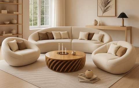 The “Lunara Curve” Sofa Set | Modern Round Lounge Sofa & Armchair Collection in Cream Beige