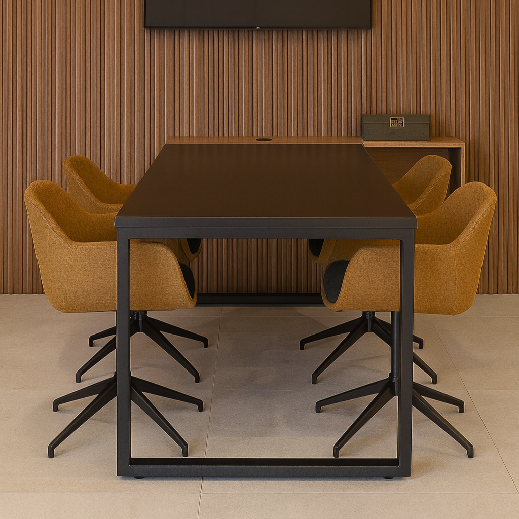 Modern 6-Seater Meeting & Discussion Table | Black Metal Frame with Walnut Top | SRK Modular Furniture