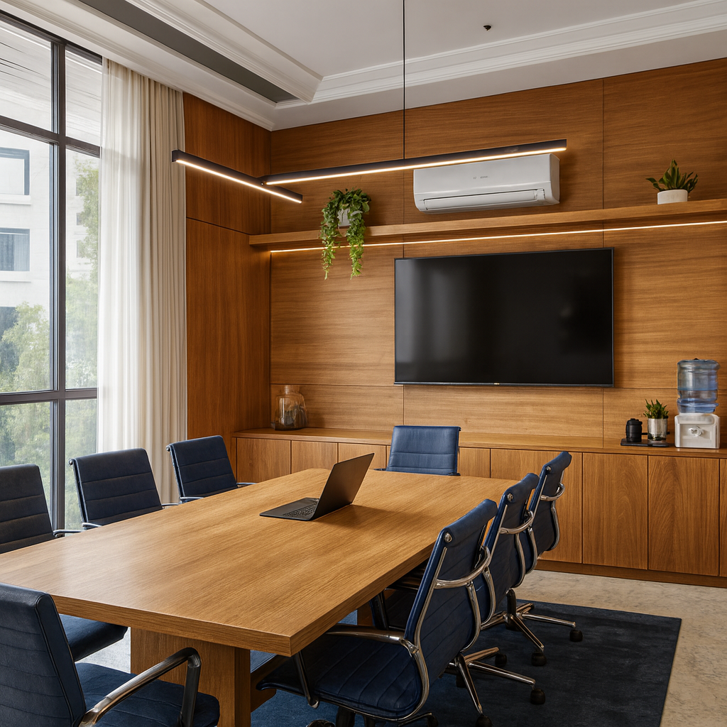 8-Seater Conference & Meeting Table | Teak Finish Boardroom Desk with Blue Chairs | SRK Modular Furniture