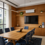 8-Seater Conference & Meeting Table | Teak Finish Boardroom Desk with Blue Chairs | SRK Modular Furniture