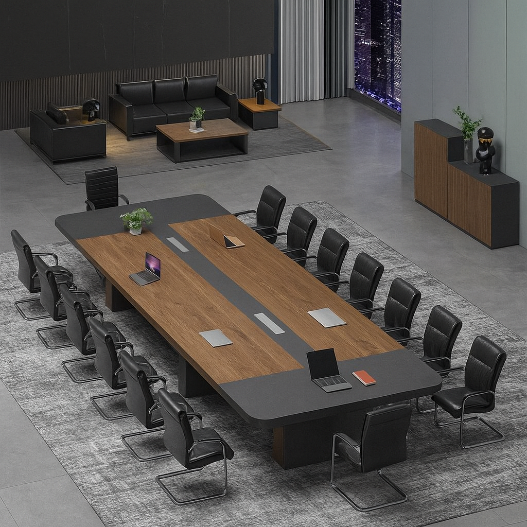 16-Seater Premium Conference Table | Dual-Tone Walnut & Black Boardroom Desk | SRK Modular Furniture