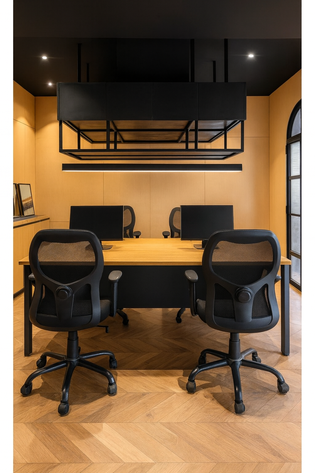 Modern 6-Seater Executive Office Workstation | Teak Finish Desk with Black Frame | Premium Modular Office Furniture by SRK Furniture