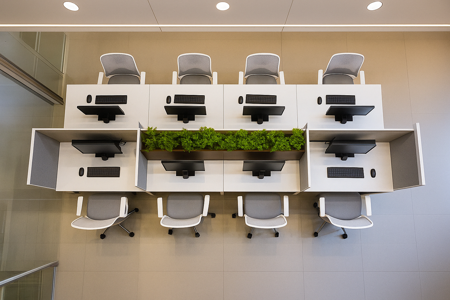 8-Seater White Modern Office Workstation | Premium Modular Desk with Planter Divider | SRK Modular Furniture