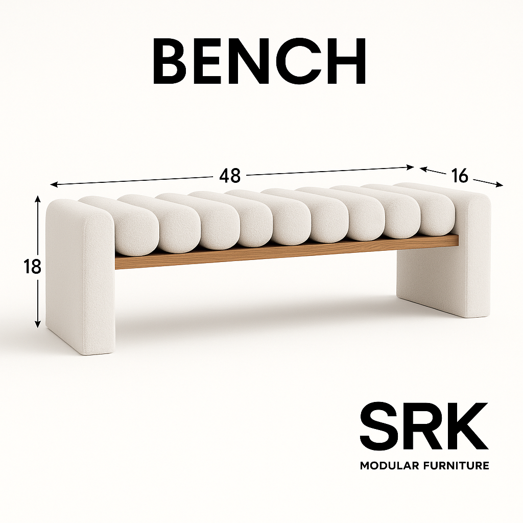 Cylindra Modern Bench | Sculpted Bouclé Upholstery with Wooden Base | Theom Living