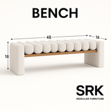 Cylindra Modern Bench | Sculpted Bouclé Upholstery with Wooden Base | Theom Living