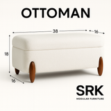 Bouclé Storage Ottoman Bench | Cream Upholstered Seating with Wooden Legs | Theom Living