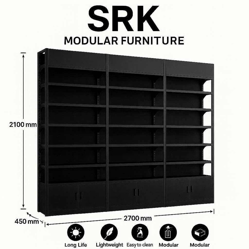 SRK Premium Black Display Rack System | Modular Retail & Showroom Shelving Unit | SRK Modular Furniture