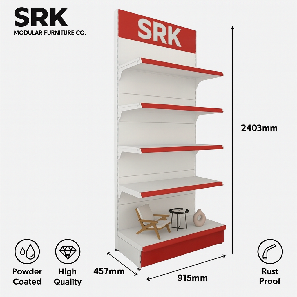 SRK Branded Retail Display Rack | 5-Tier Metal Gondola Shelf Unit | Modular Retail Fixture
