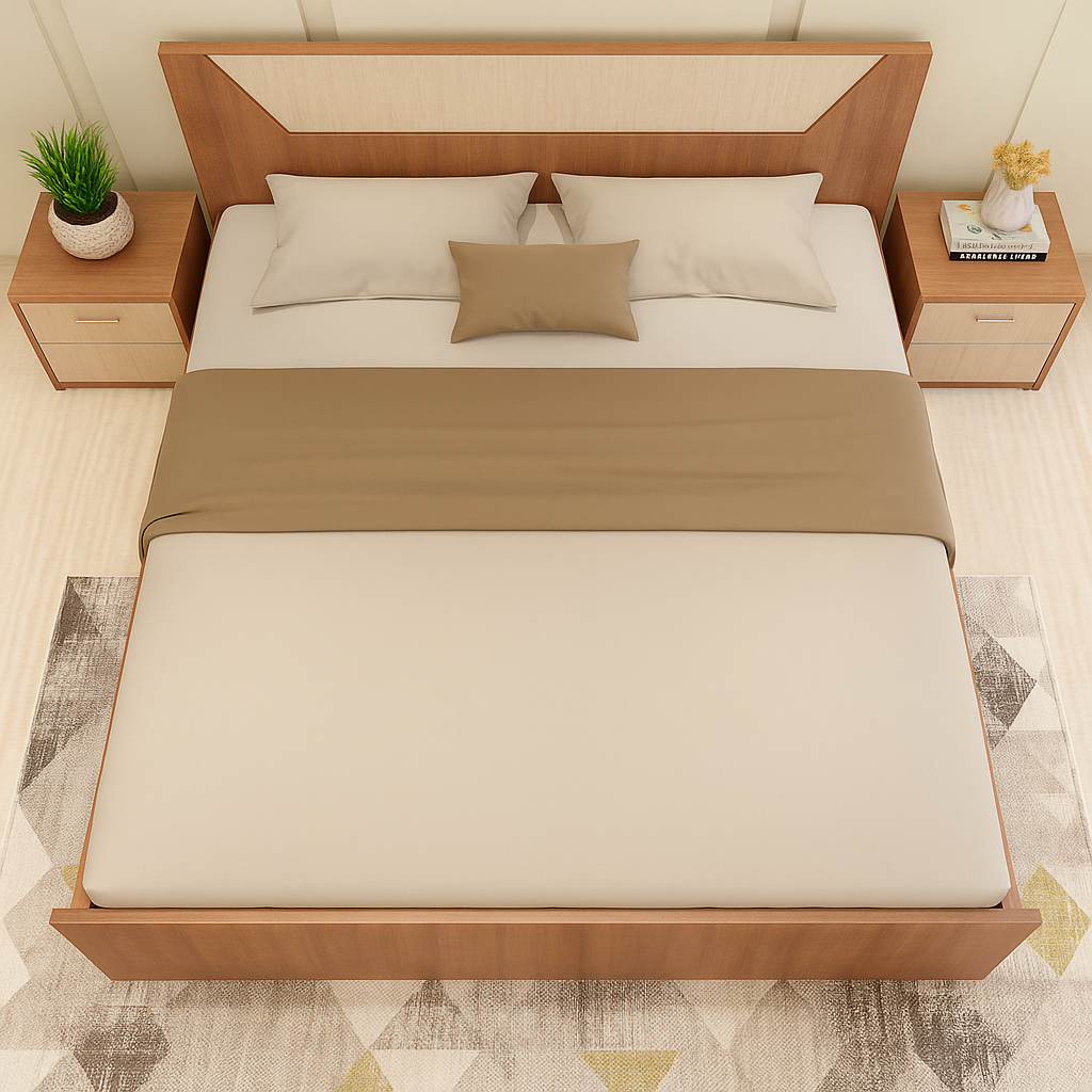 Contemporary Wooden Bed King with Side Table