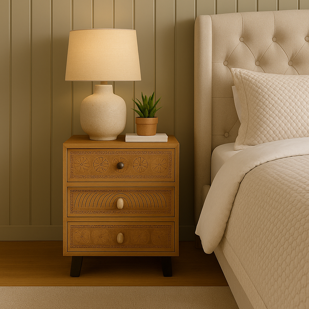 ArtisanCraft Hand-Carved Wooden Bedside Table