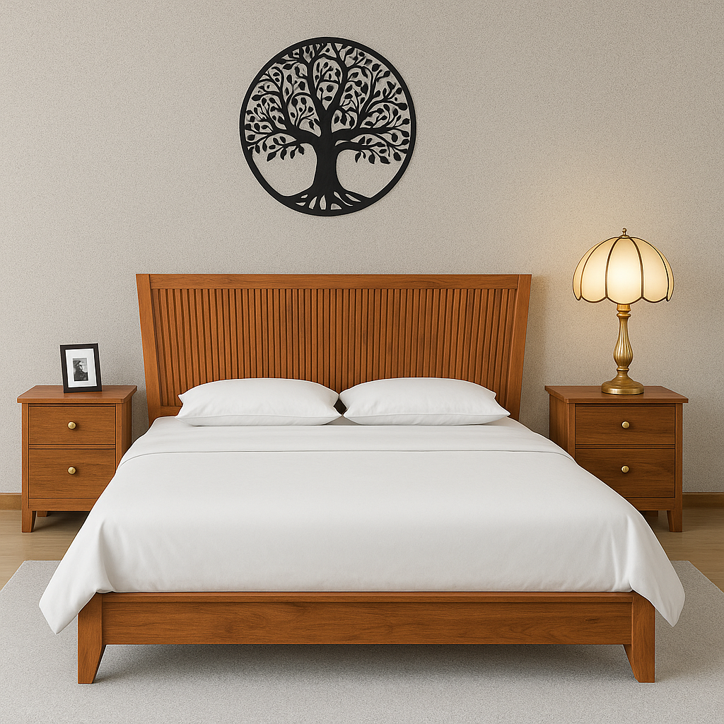 Eterna Solid Teak Wood Slatted Bed with Side Table Collection
