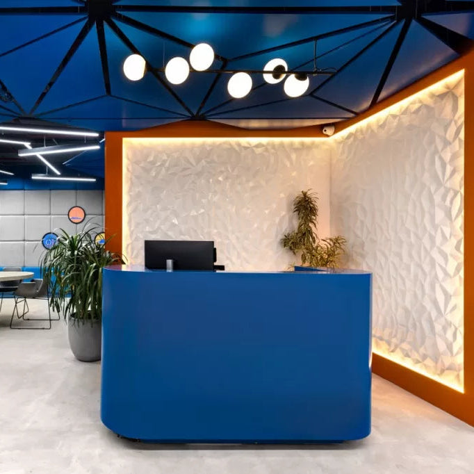 Bold Blue Curved Reception Counter – Modern Acrylic Finish | SRK Modular Furniture Co.