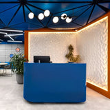Bold Blue Curved Reception Counter – Modern Acrylic Finish | SRK Modular Furniture Co.