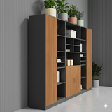 Modern Office Storage Cabinet and Bookshelf with Lockable Doors - Walnut & Grey
