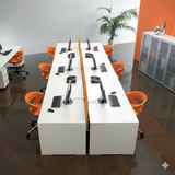 4-Seater Modular Office Workstation – White Finish with Orange Fabric Dividers | SRK Modular Furniture Co.