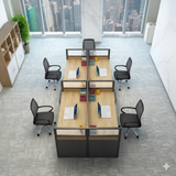 8-Seater Linear Modular Workstation – Oak Finish with Glass Partition Panels | SRK Modular Furniture Co.