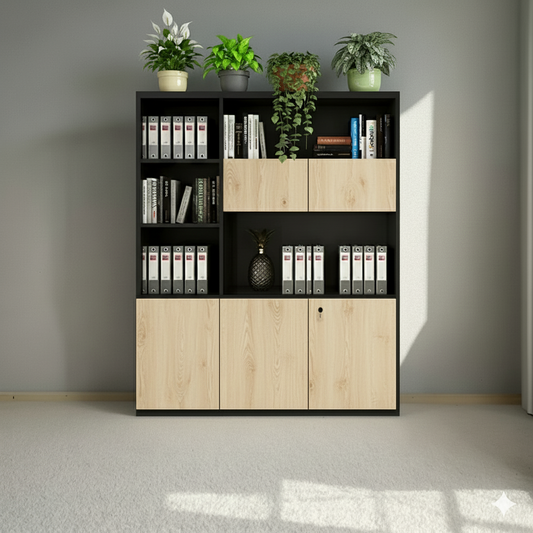 "Executive Credenza & Bookshelf | Modern Office Storage Unit with Black Marble Accent "