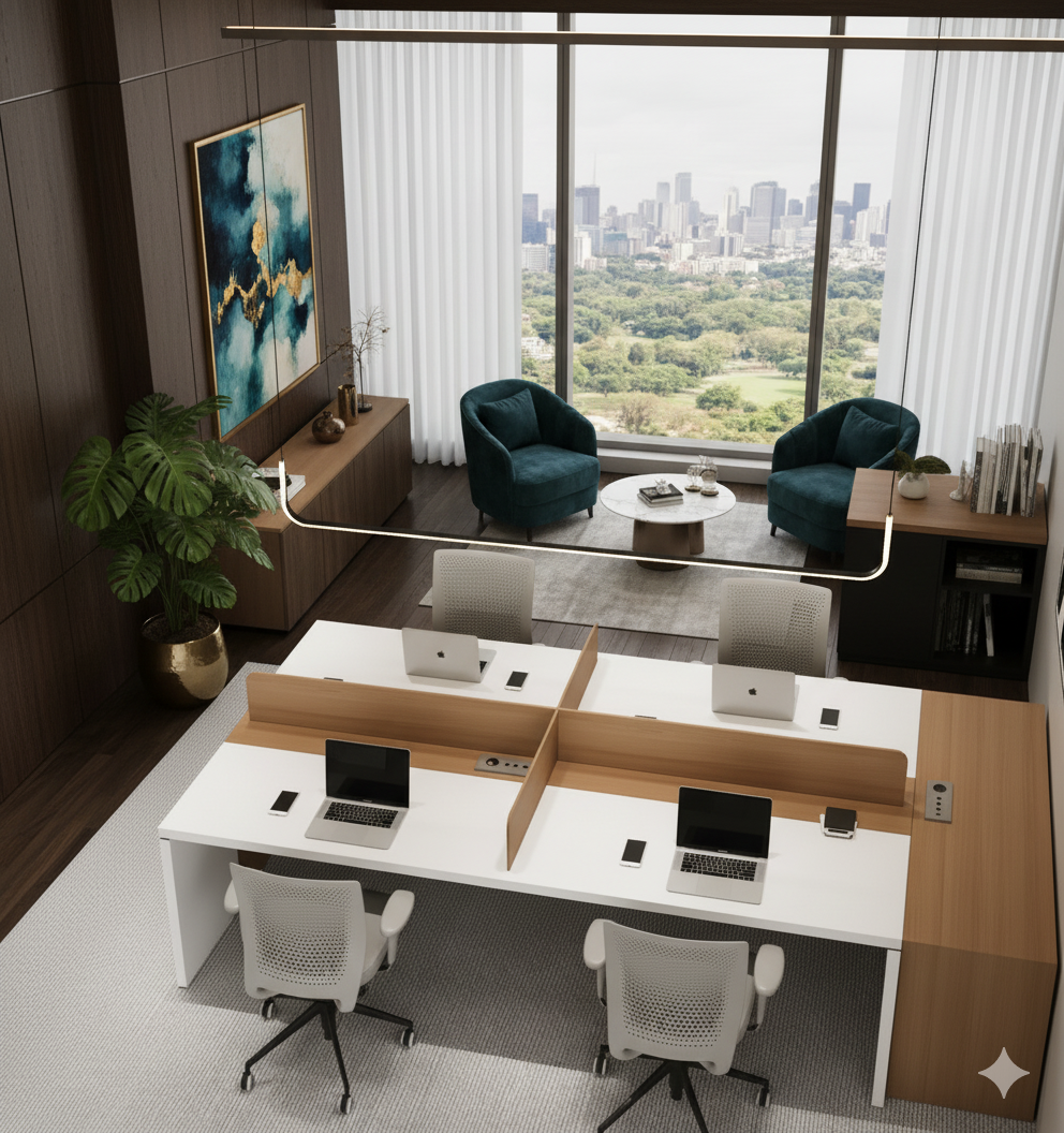 4-Seater Executive Modular Workstation – White & Teak Dual Finish | SRK Modular Furniture Co.