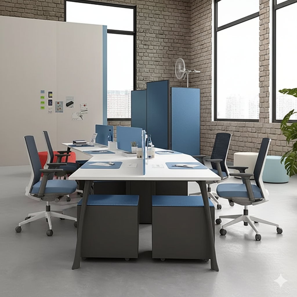 6-Seater Modular Office Workstation – White, Grey & Blue Fabric Panels | SRK Modular Furniture Co.