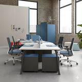6-Seater Modular Office Workstation – White, Grey & Blue Fabric Panels | SRK Modular Furniture Co.