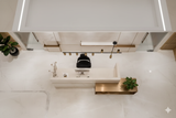 Luxury Reception Counter – Cream Marble Finish with Brass Detailing | SRK Modular Furniture Co.